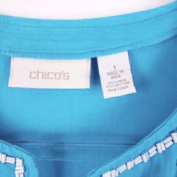 CHICO'S Turquoise Linen Cotton V-Neck White Beaded Tunic Top Size‎ 1 - Picture 5 of 6
